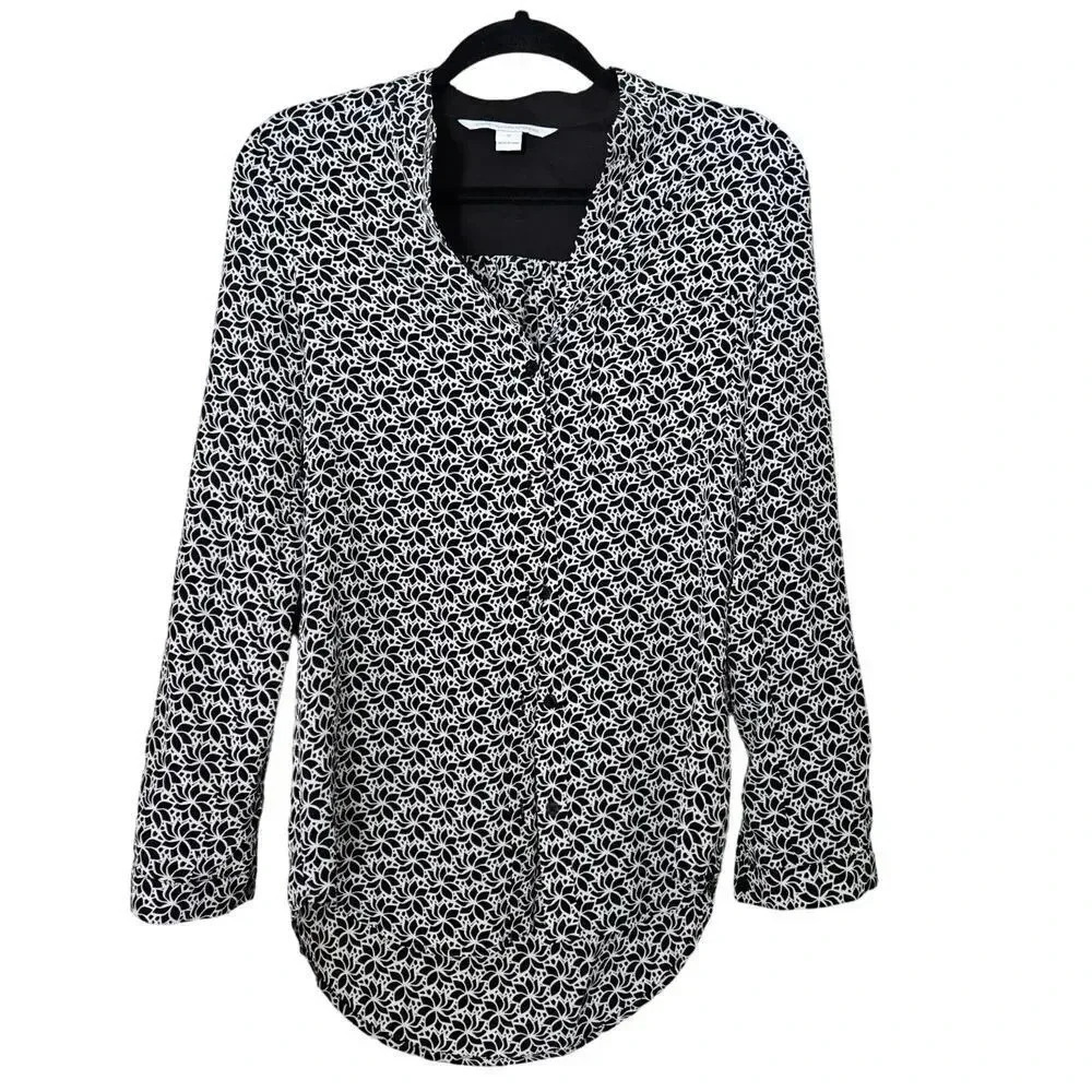 Diane Von Furstenberg Women Top Blouse Silk 0 Black White Career Work